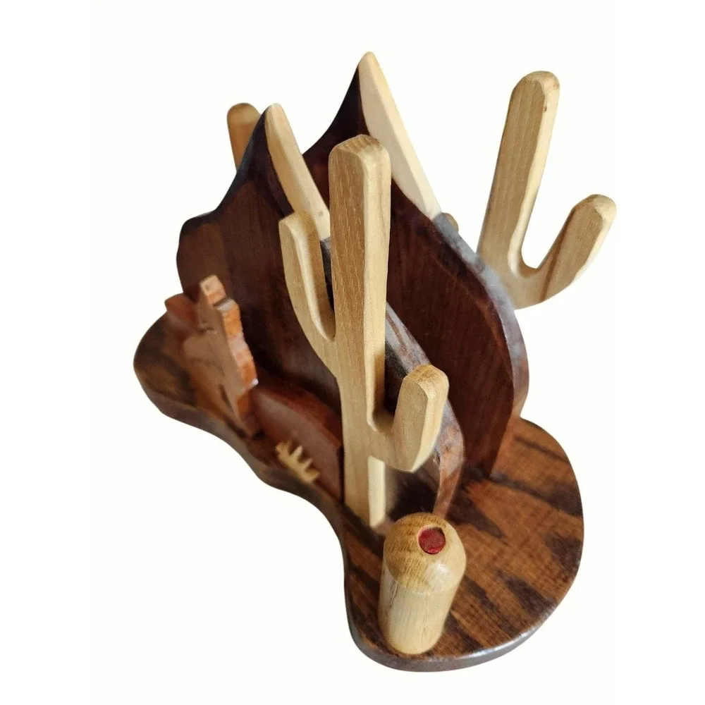 Vintage Hand-carved Wooden Napkin‎ Towel Holder Wolf Wolves Cactus Cabin Hunting